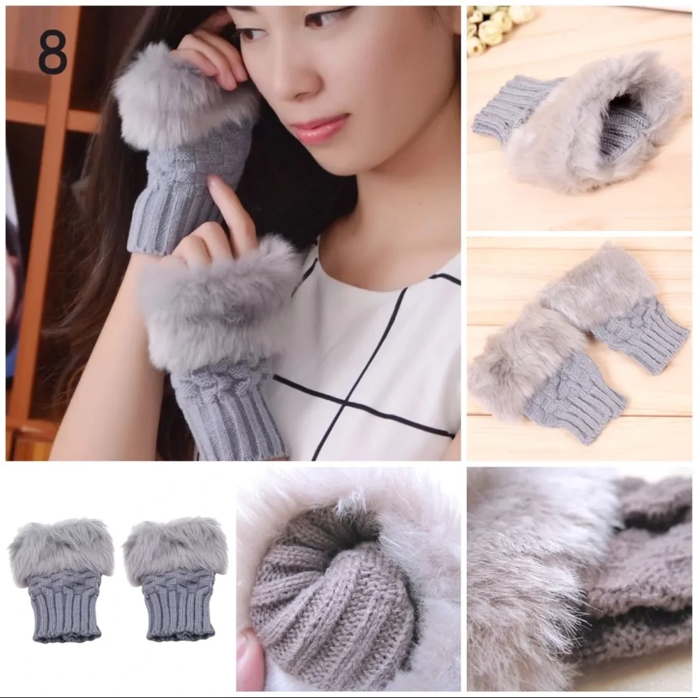 Beige Faux Fur Fingerless Magic Stretchy Cropped Warm Winter Sweater Knit Gloves